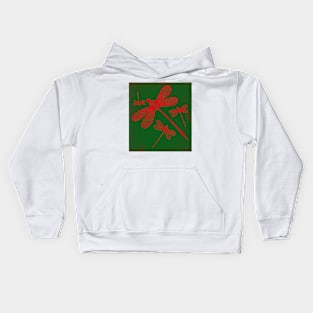 Red embroidered dragonflies on green Kids Hoodie